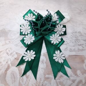 Vintage Barrette Hair Clip Bow Ribbon Green Satin White Flowers Handmade